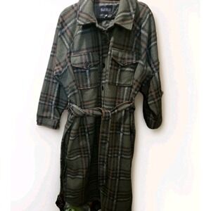 ELOQUII Long Plaid Belted Shacket Coat Green Brown Button Front Plus 18/20